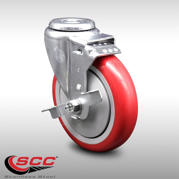 5 Inch SS Red Polyurethane Wheel Swivel Bolt Hole Caster with Brake SCC